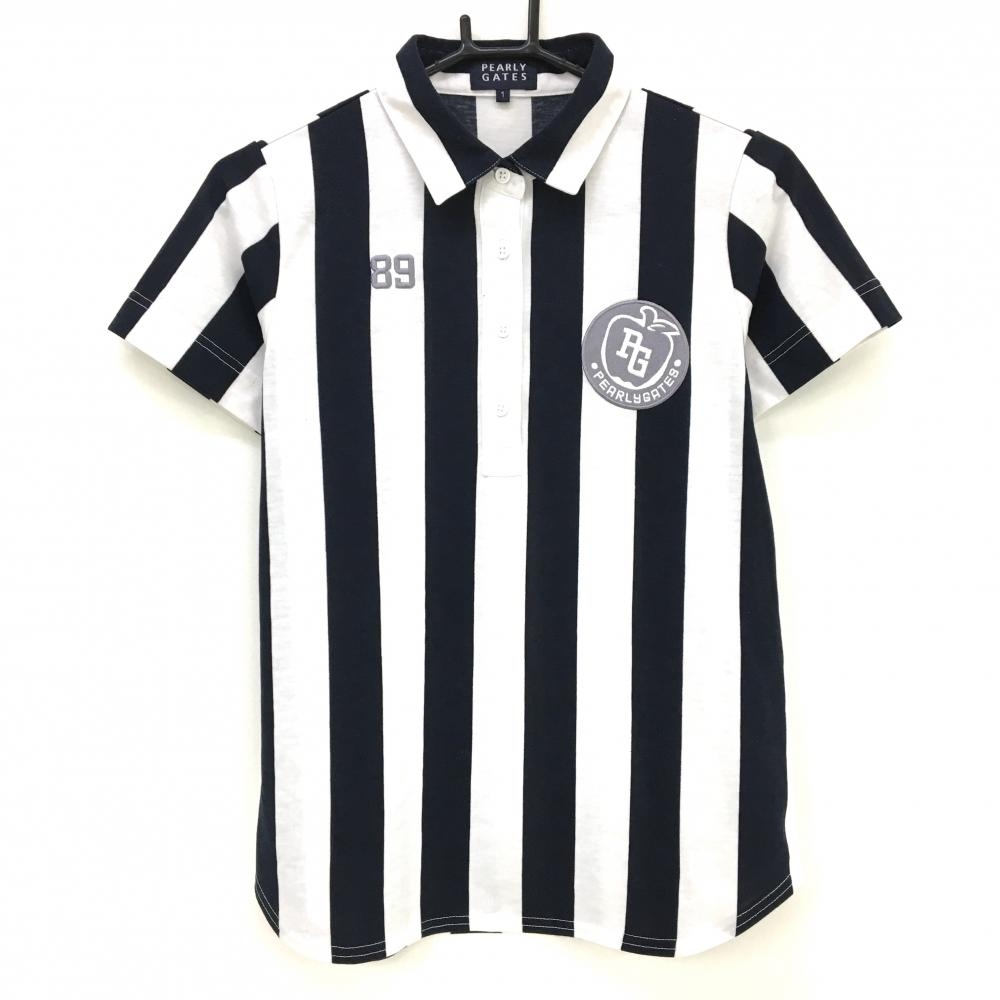 パーリーゲイツ 半袖ポロシャツ 白×ネイビー ストライプ レディース 1(M) ゴルフウェア PEARLY GATES