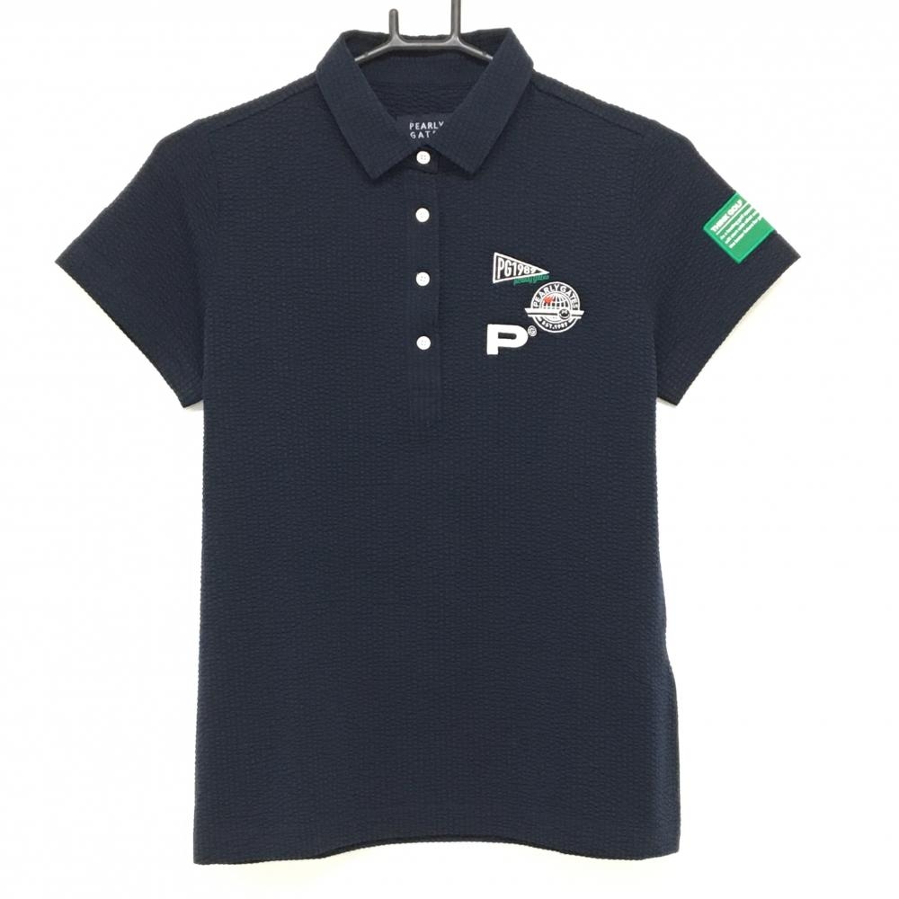 【美品】パーリーゲイツ 半袖ポロシャツ ネイビー サッカー生地 レディース 0(S) ゴルフウェア PEARLY GATES