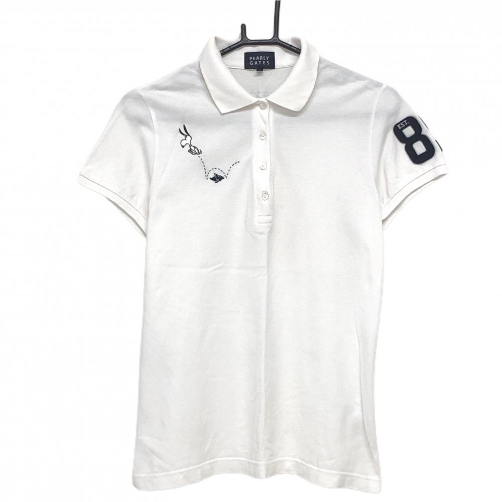 【美品】パーリーゲイツ×PEANUTS 半袖ポロシャツ 白×ネイビー スヌーピー ロゴワッペン レディース 1(M) ゴルフウェア PEARLY GATES