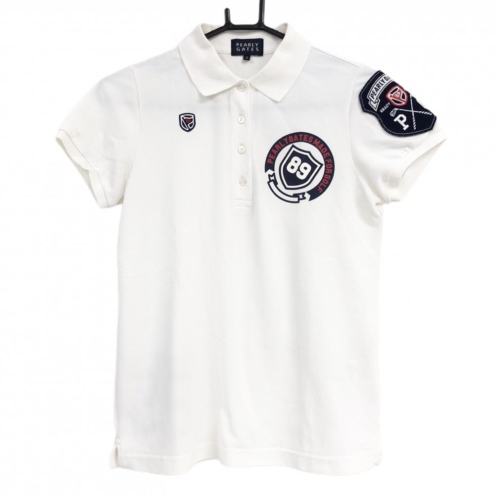パーリーゲイツ 半袖ポロシャツ 白×ネイビー ロゴプリント 袖ワッペン レディース 0(S) ゴルフウェア PEARLY GATES