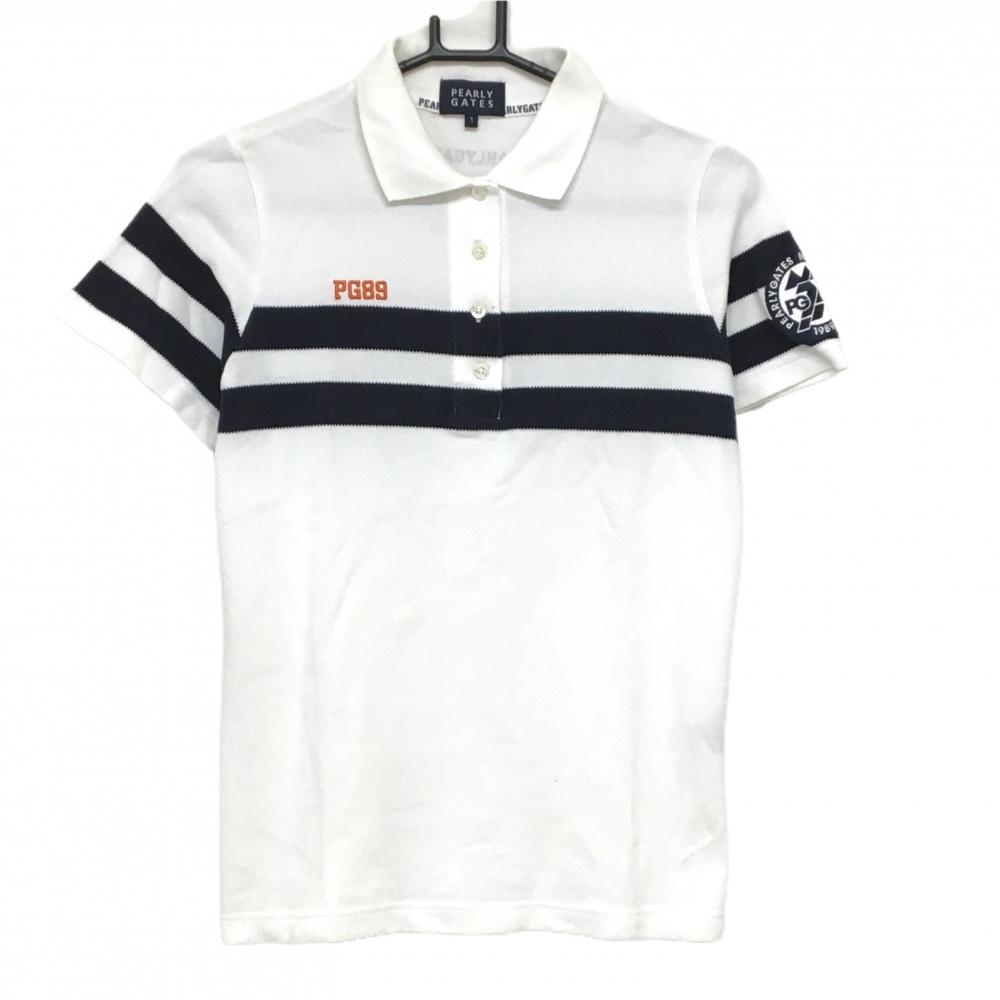 【美品】パーリーゲイツ 半袖ポロシャツ 白×ネイビー 胸ライン ロゴ刺しゅう レディース 1(M) ゴルフウェア PEARLY GATES