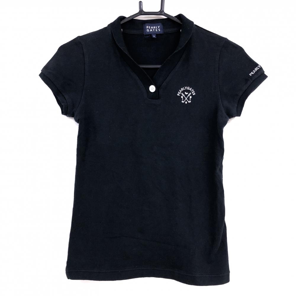 パーリーゲイツ 半袖スキッパーシャツ 黒×白 胸ロゴ刺しゅう レディース 0(S) ゴルフウェア PEARLY GATES