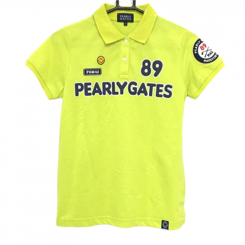 【美品】パーリーゲイツ 半袖ポロシャツ ライムグリーン×ネイビー ニコちゃん スマイル レディース 0(S) ゴルフウェア PEARLY GATES