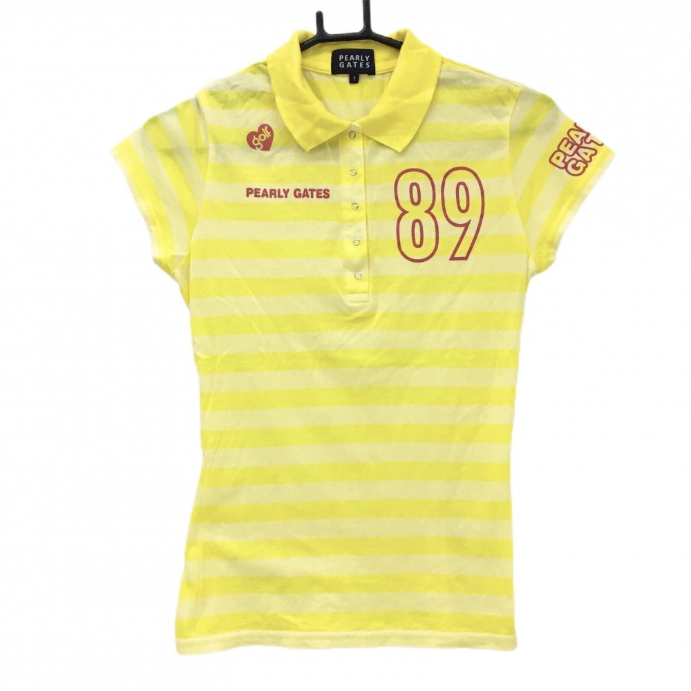 【美品】パーリーゲイツ 半袖ポロシャツ イエロー ボーダー 後シャーリング レディース 1(M) ゴルフウェア PEARLY GATES
