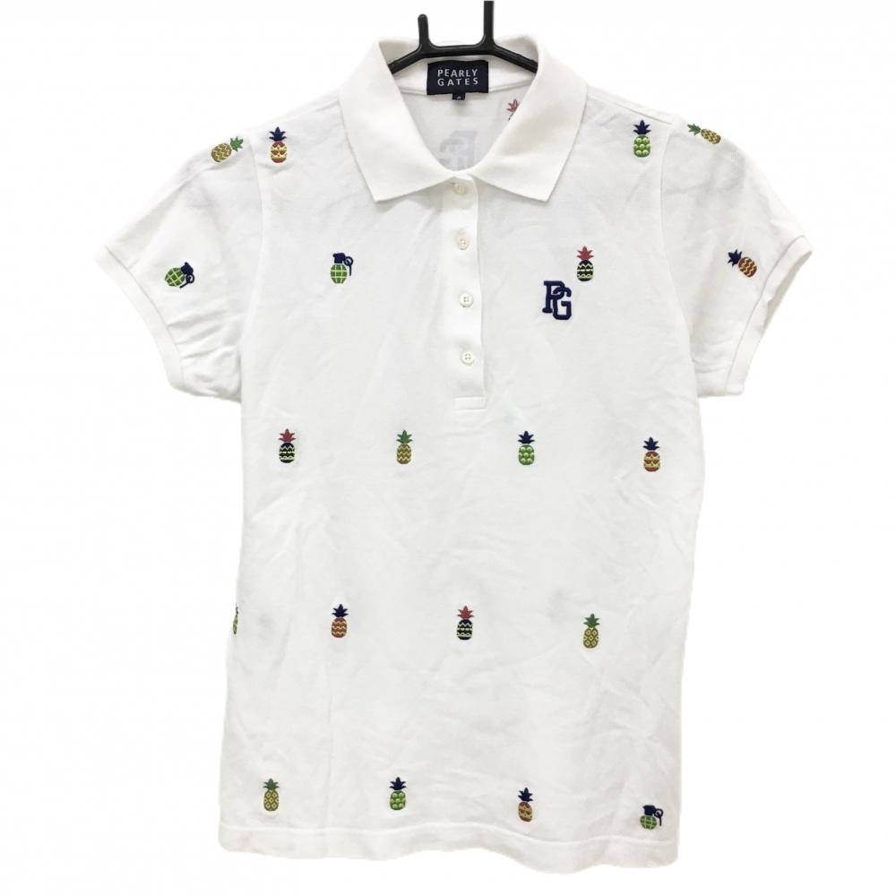 パーリーゲイツ 半袖ポロシャツ 白×マルチカラー パイナップル刺しゅう総柄 レディース 0(S) ゴルフウェア PEARLY GATES