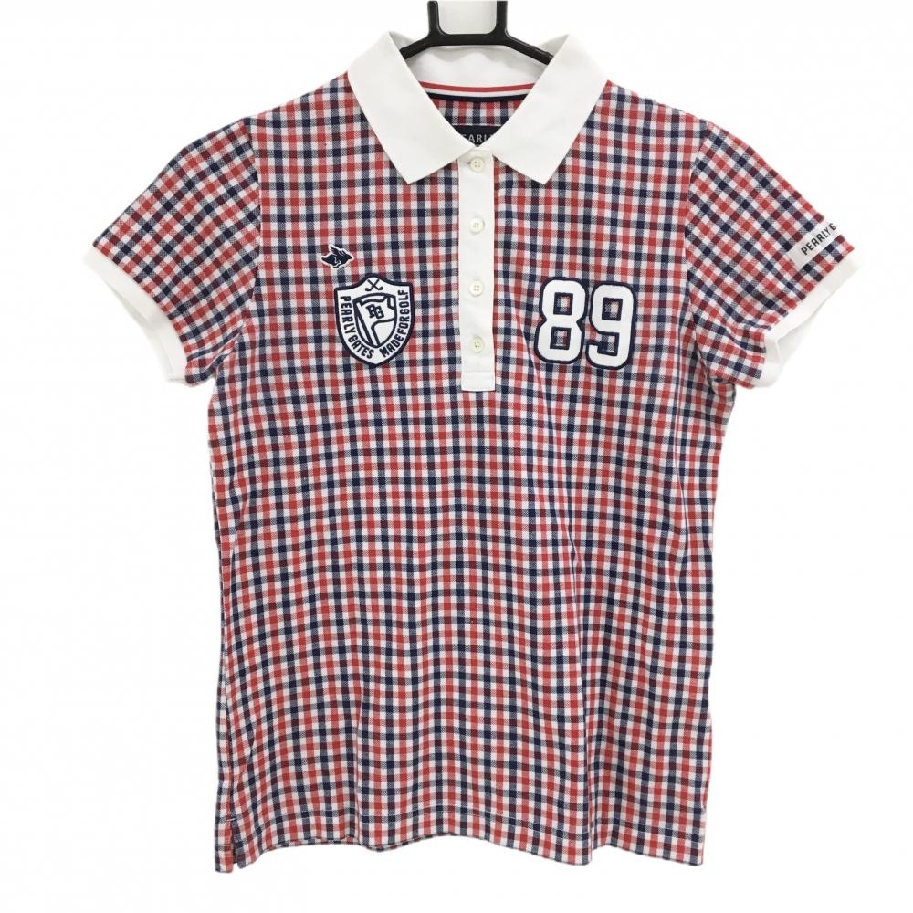 パーリーゲイツ 半袖ポロシャツ 白×ネイビー ギンガムチェック ワッペン レディース 0(S) ゴルフウェア PEARLY GATES