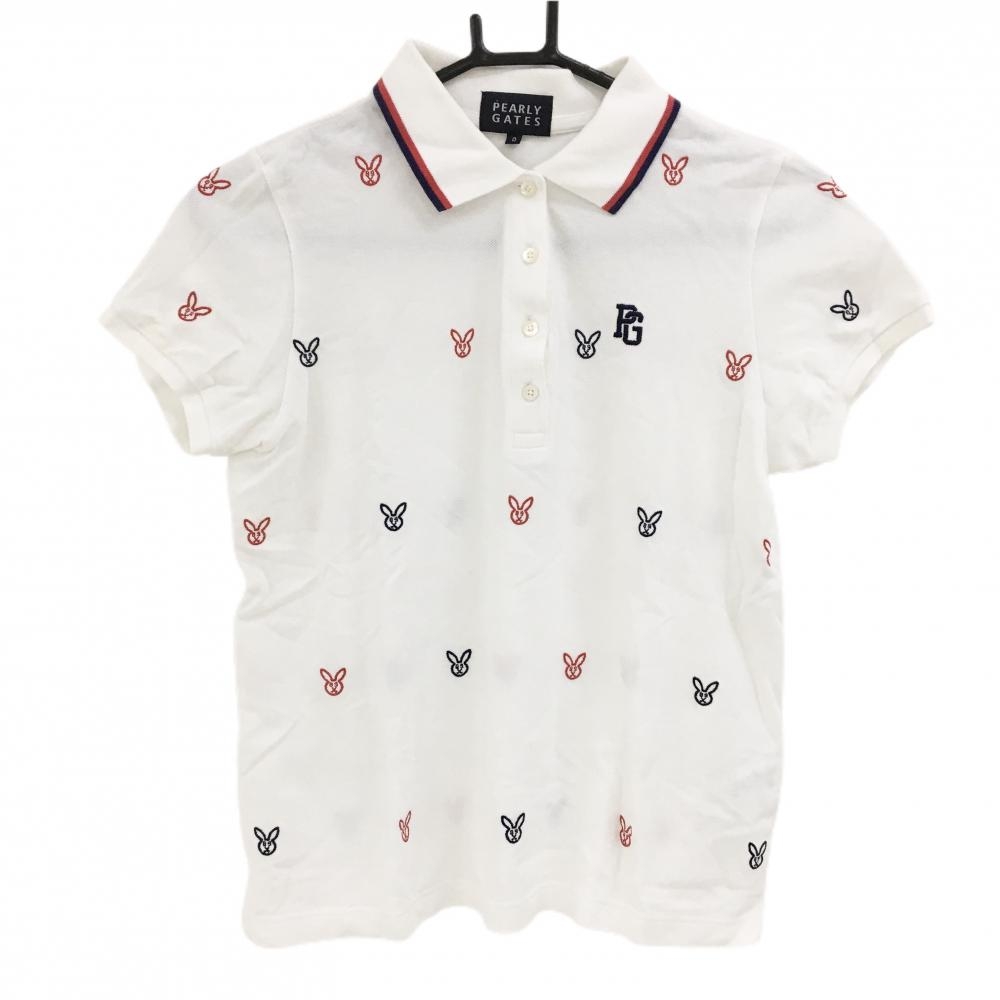 パーリーゲイツ 半袖ポロシャツ 白×ネイビー うさぎ刺しゅう総柄 レディース 0(S) ゴルフウェア PEARLY GATES