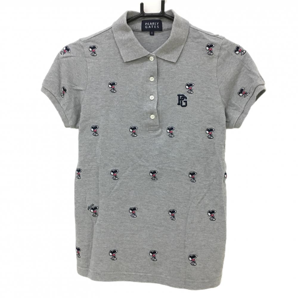 【美品】パーリーゲイツ×PEANUTS 半袖ポロシャツ グレー×ネイビー スヌーピー刺しゅう総柄 レディース 0(S) ゴルフウェア PEARLY GATES