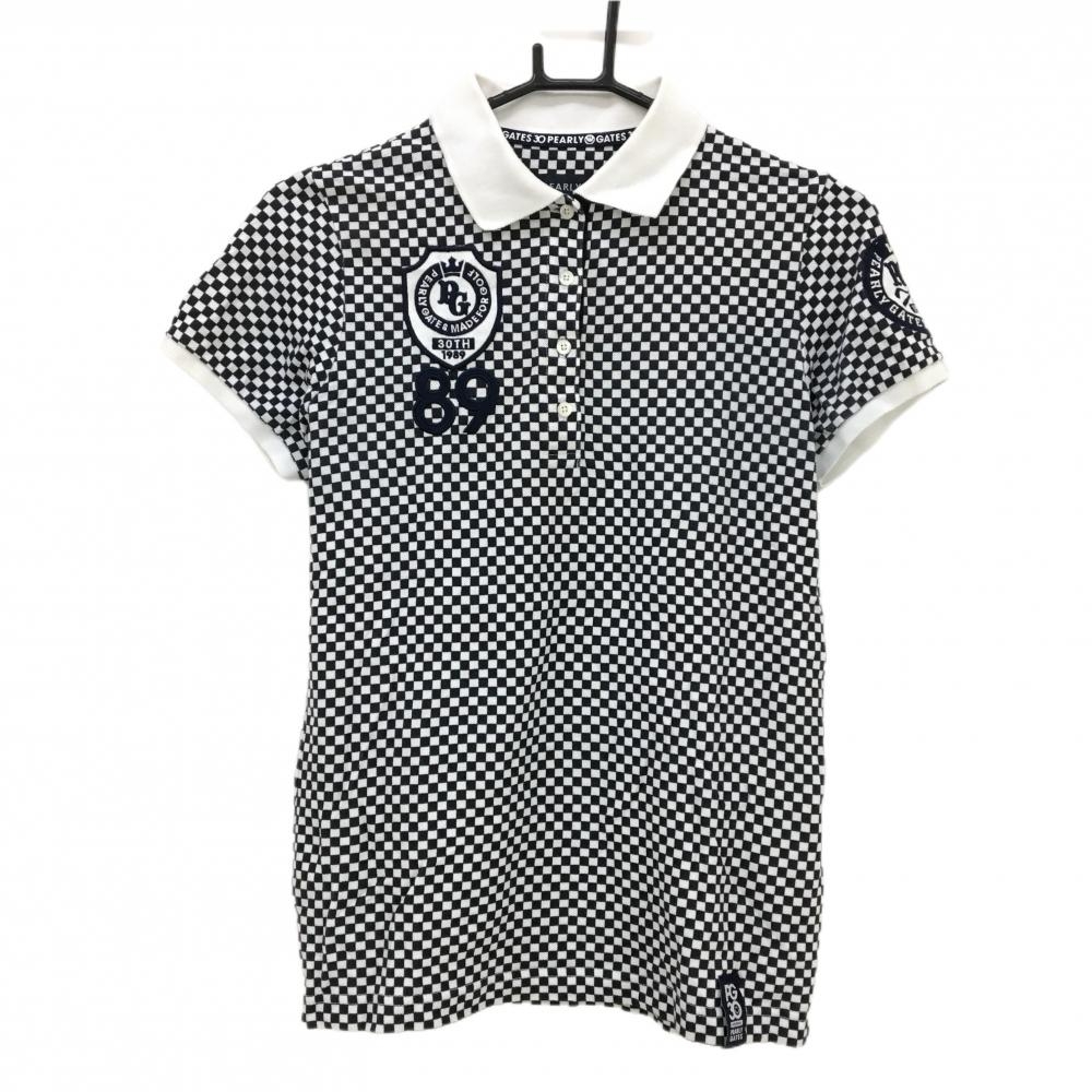 パーリーゲイツ 半袖ポロシャツ 白×黒 ブロックチェック ワッペン 30周年  レディース 0(Ｓ) ゴルフウェア PEARLY GATES