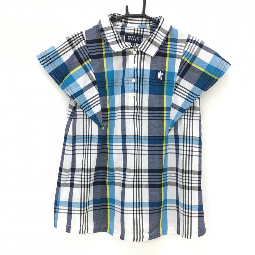 【超美品】パーリーゲイツ 半袖ポロシャツ 白×ネイビー チェック 袖フリル  レディース 0(S) ゴルフウェア PEARLY GATES