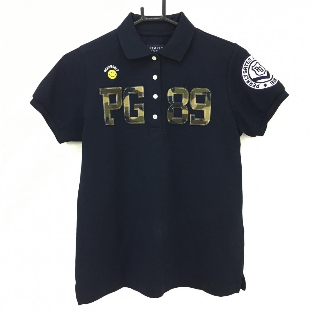 【美品】パーリーゲイツ 半袖ポロシャツ 黒 フェルトカモフラロゴ ニコちゃん スマイル レディース 1(M) ゴルフウェア PEARLY GATES