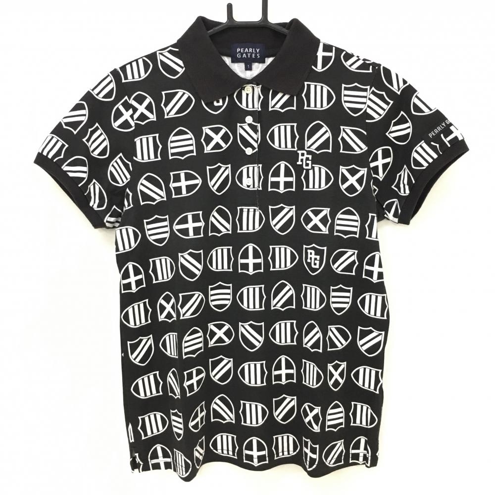 パーリーゲイツ 半袖ポロシャツ 黒×白 総柄 胸ロゴ レディース 1(M) ゴルフウェア PEARLY GATES