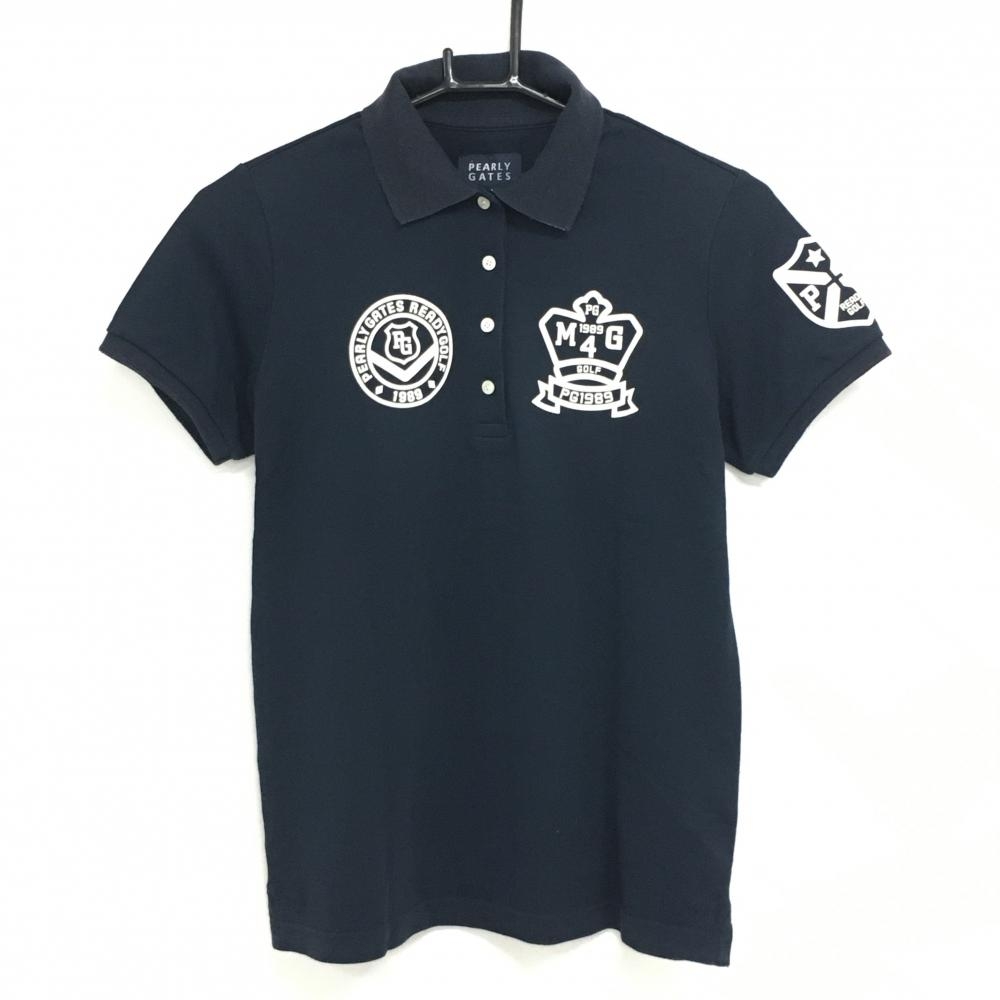 パーリーゲイツ 半袖ポロシャツ ネイビー×白 胸ロゴプリント  レディース 1(M) ゴルフウェア PEARLY GATES