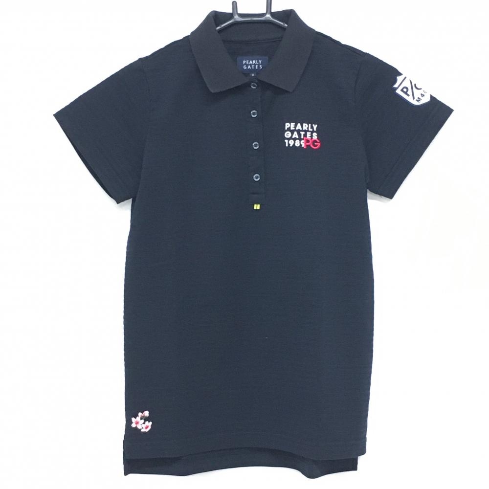 【美品】パーリーゲイツ 半袖ポロシャツ ネイビー ボーダー織生地 襟裏ボーダー レディース 0(S) ゴルフウェア PEARLY GATES
