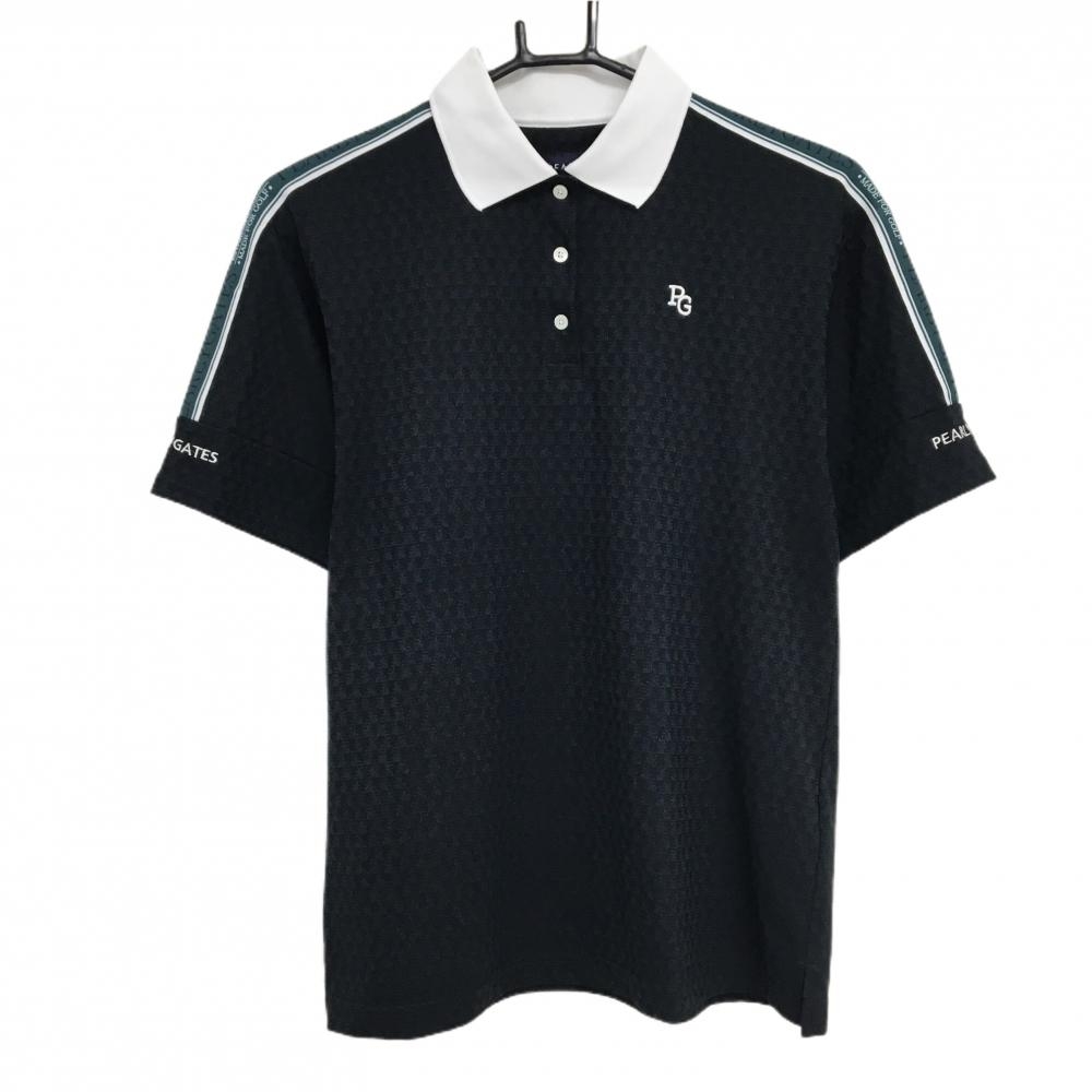 【超美品】パーリーゲイツ 半袖ポロシャツ 黒 総柄地模様 襟白 ロゴライン レディース 1(M) ゴルフウェア 2024年モデル PEARLY GATES