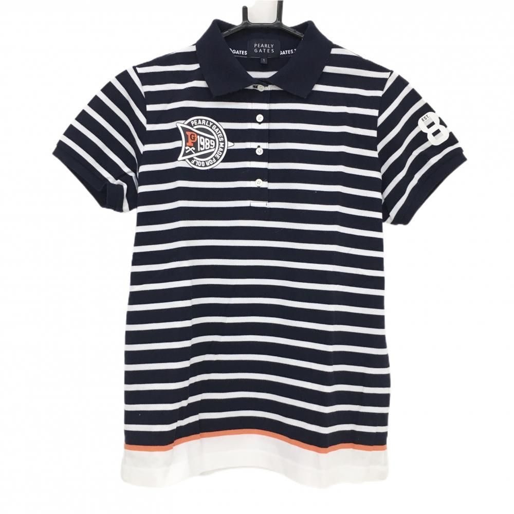 【超美品】パーリーゲイツ 半袖ポロシャツ ネイビー×白 ボーダー  レディース 1(M) ゴルフウェア PEARLY GATES