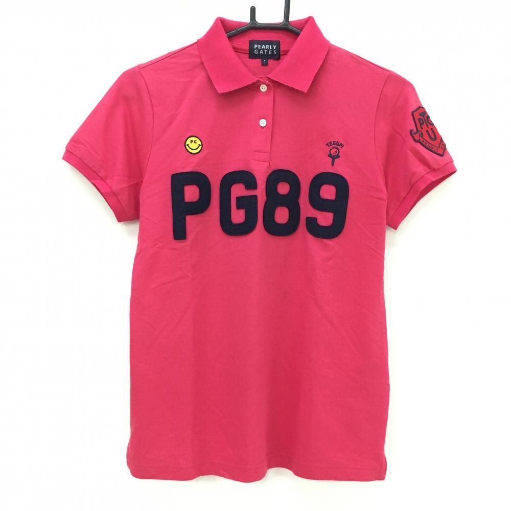 【超美品】パーリーゲイツ 半袖ポロシャツ ピンク×ネイビー フェルトワッペン ニコちゃん レディース 1(M) ゴルフウェア PEARLY GATES