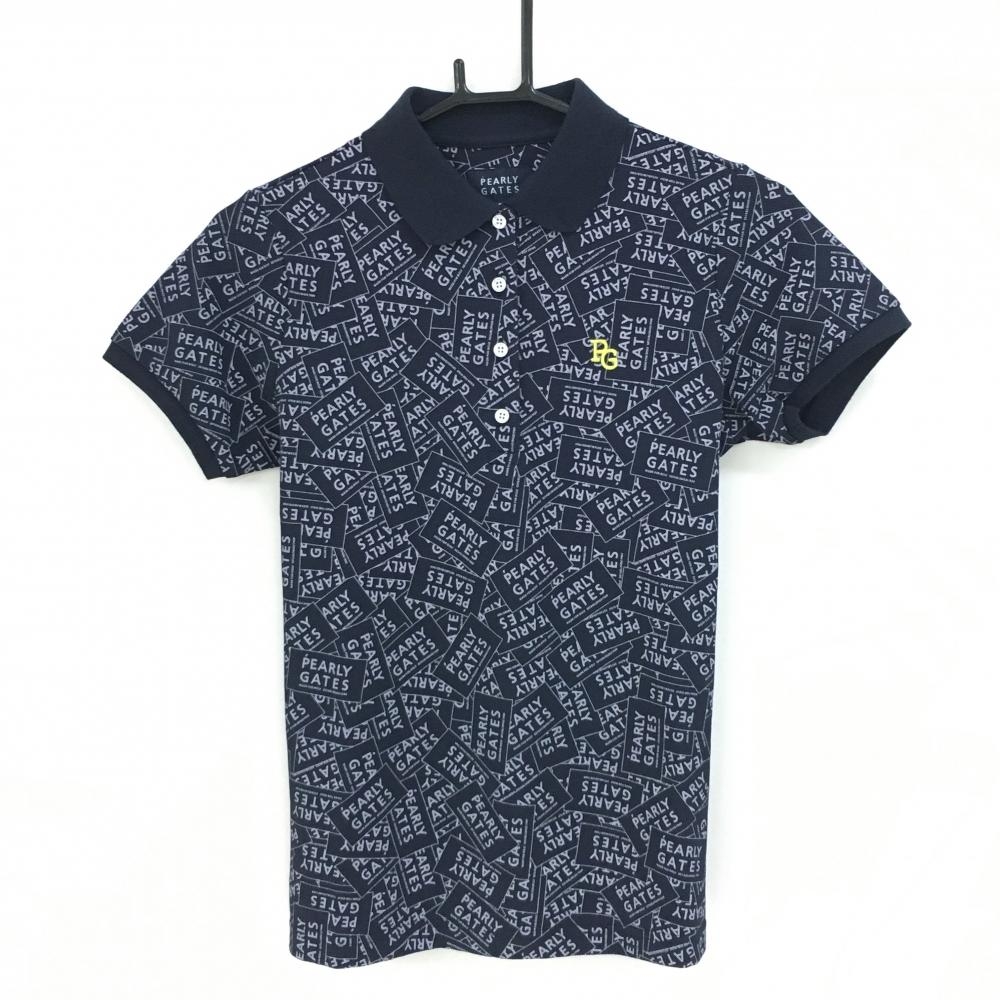 【新品】パーリーゲイツ 半袖ポロシャツ ネイビー×白 ロゴ総柄 吸水速乾 UVカット レディース 0(S) ゴルフウェア PEARLY GATES