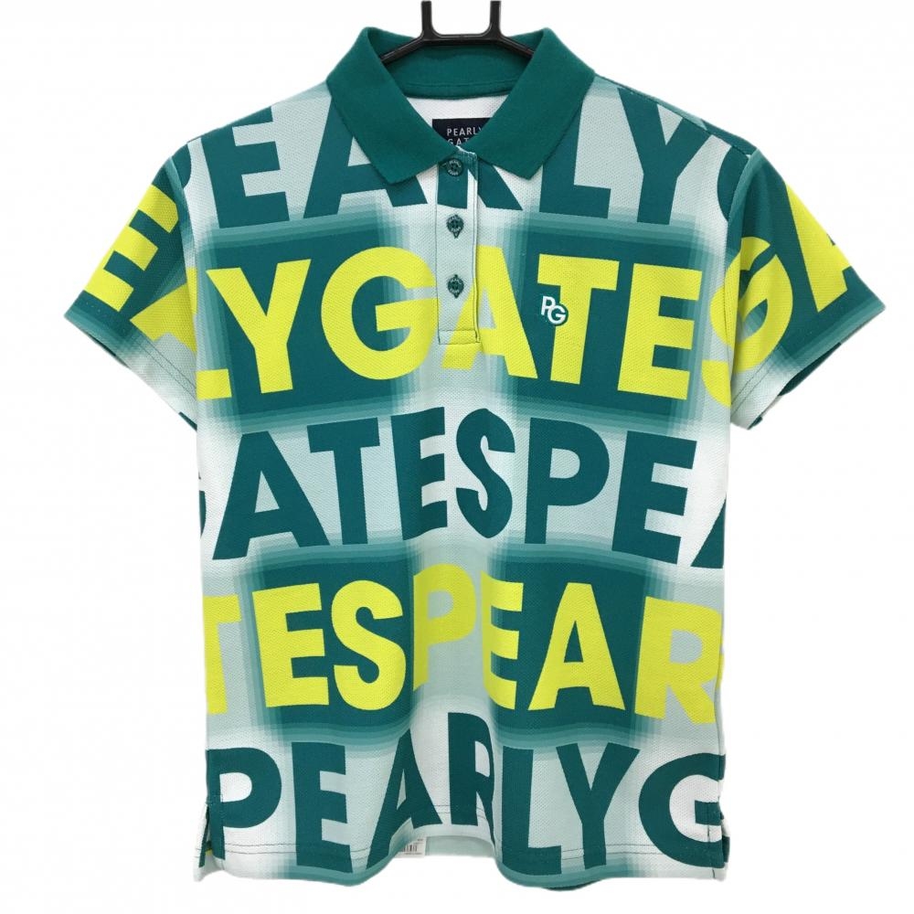 【新品】パーリーゲイツ 半袖ポロシャツ グリーン×イエロー ロゴ総柄 日本製  レディース 0(S) ゴルフウェア PEARLY GATES