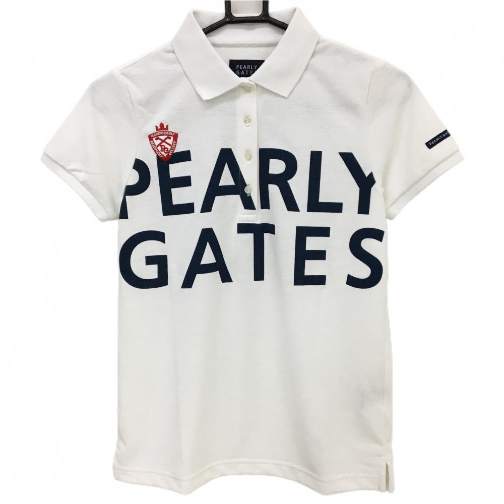 パーリーゲイツ 半袖ポロシャツ 白×ネイビー ビッグロゴ 吸水速乾 紙タグ付 レディース 0(S) ゴルフウェア PEARLY GATES