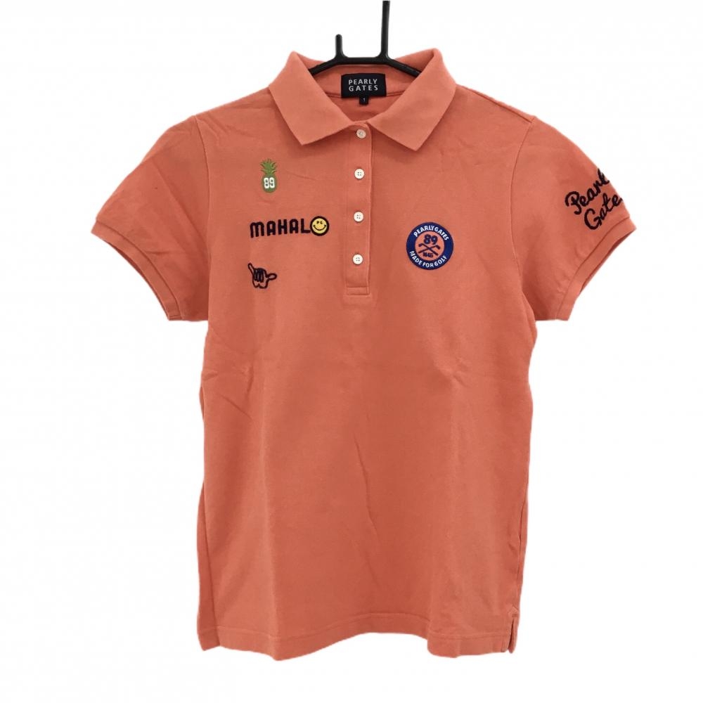 【美品】パーリーゲイツ 半袖ポロシャツ オレンジ パイナップル刺しゅう ニコちゃん スマイル レディース 1(M) ゴルフウェア PEARLY GATES