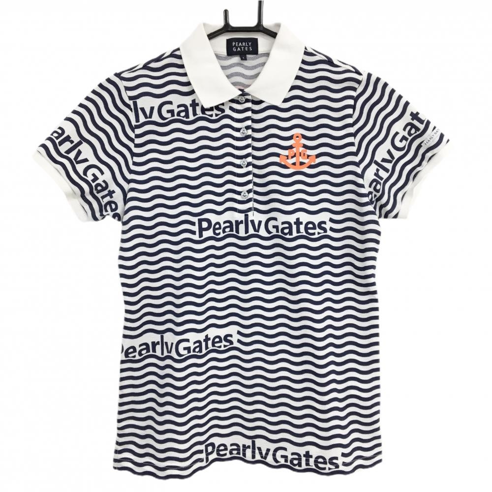 パーリーゲイツ 半袖ポロシャツ 白×ネイビー なみなみボーダー  レディース 1(M) ゴルフウェア PEARLY GATES