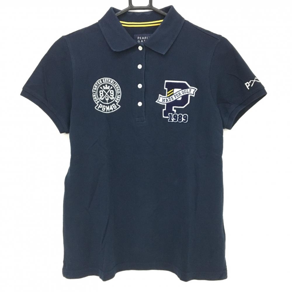 パーリーゲイツ 半袖ポロシャツ ネイビー×白 パイルワッペン レディース 2(L) ゴルフウェア PEARLY GATES