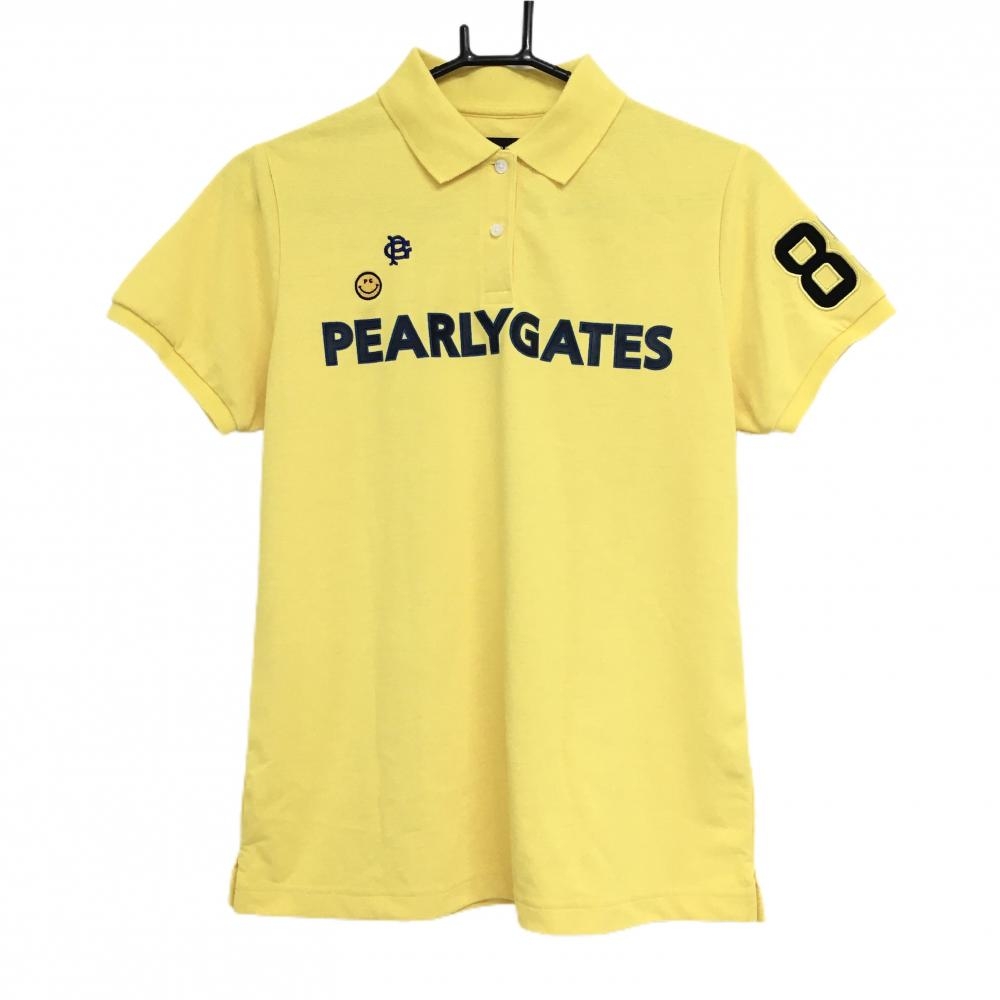 【美品】パーリーゲイツ 半袖ポロシャツ イエロー×ネイビー フロントロゴ ニコちゃんスマイル レディース 2(L) ゴルフウェア PEARLY GATES