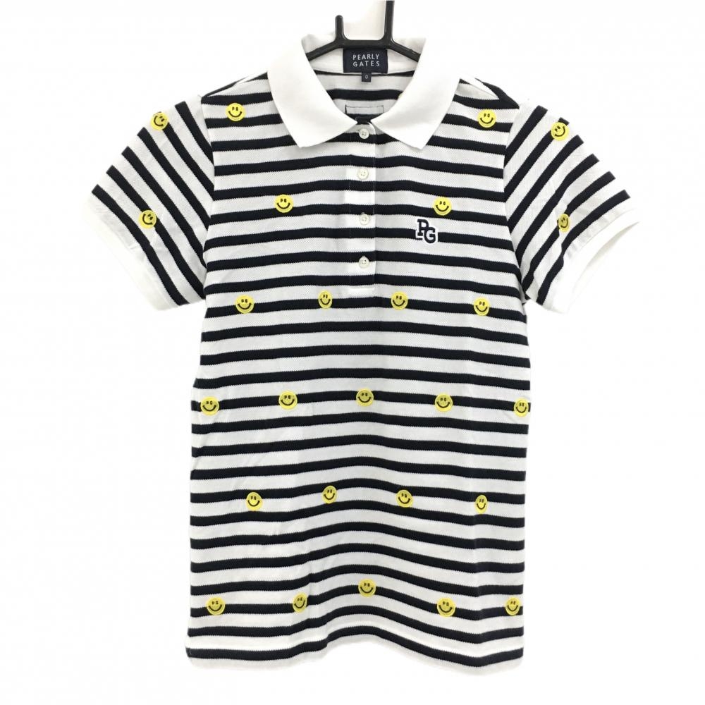 【美品】パーリーゲイツ 半袖ポロシャツ 白×ダークネイビー ボーダー ニコちゃん スマイル  レディース 0(S) ゴルフウェア PEARLY GATES