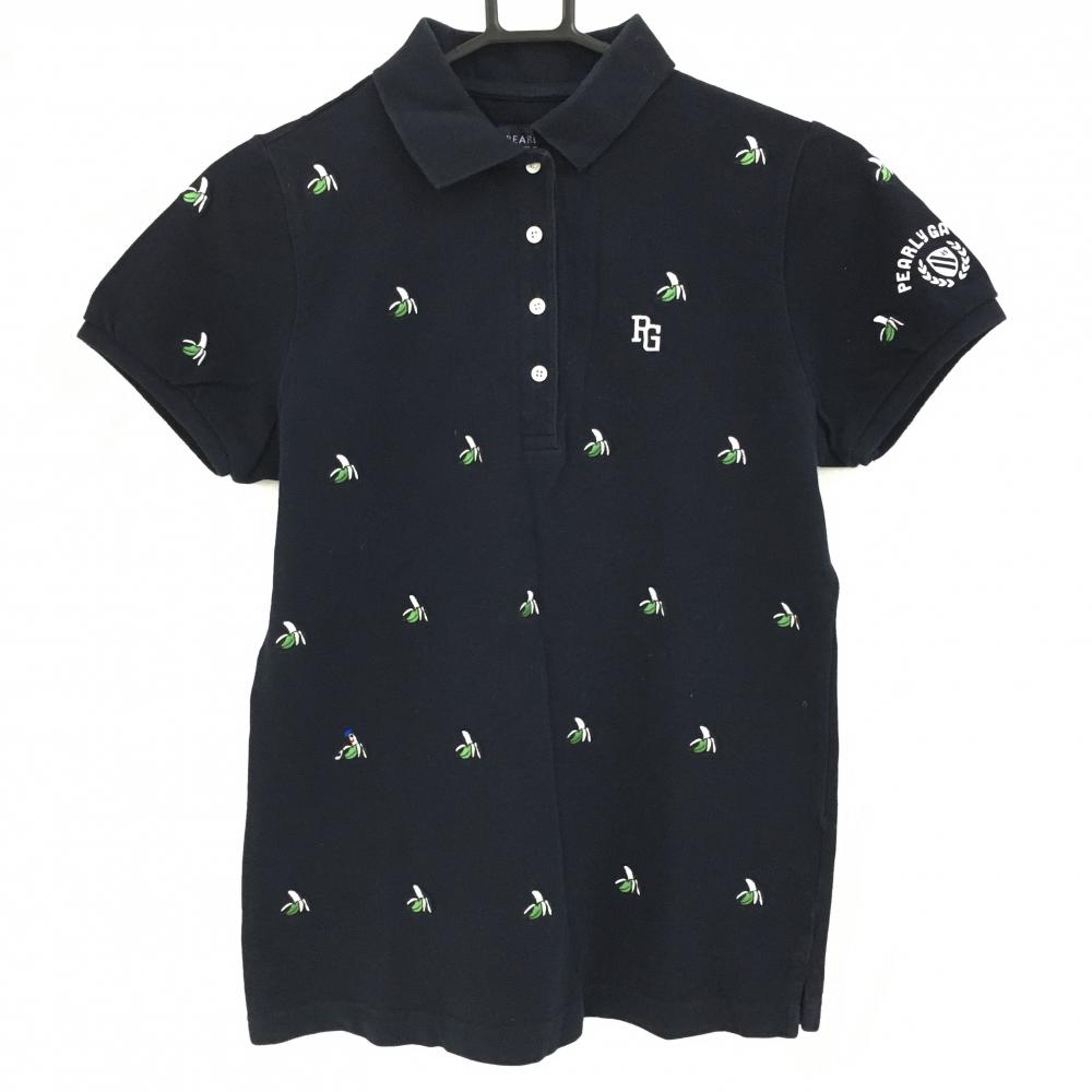 パーリーゲイツ 半袖ポロシャツ ネイビー×白 バナナ柄  レディース 1(M) ゴルフウェア PEARLY GATES