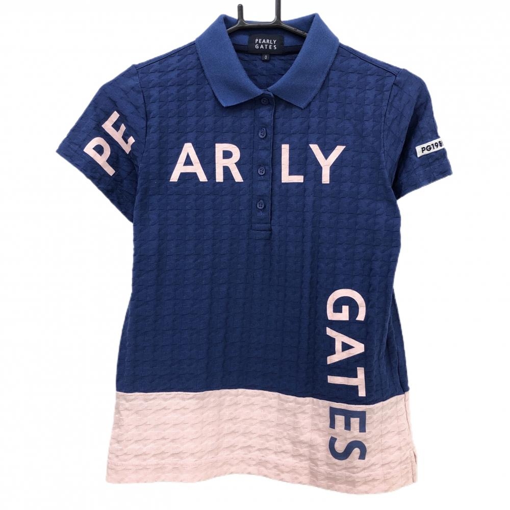 【美品】パーリーゲイツ 半袖ポロシャツ ネイビー×ピンク 千鳥格子地模様 レディース 0(S) ゴルフウェア PEARLY GATES