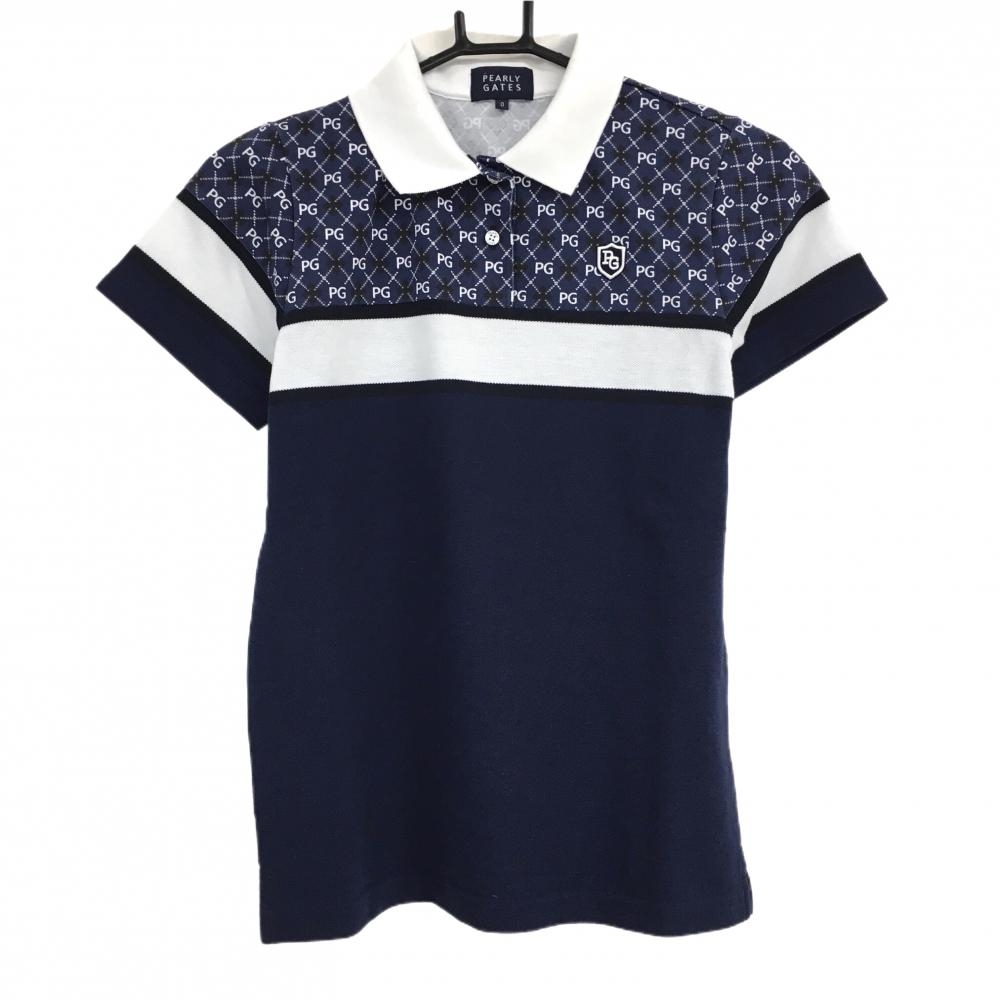 【美品】パーリーゲイツ 半袖ポロシャツ ネイビー×白 一部ロゴ総柄 レディース 0(S) ゴルフウェア PEARLY GATES