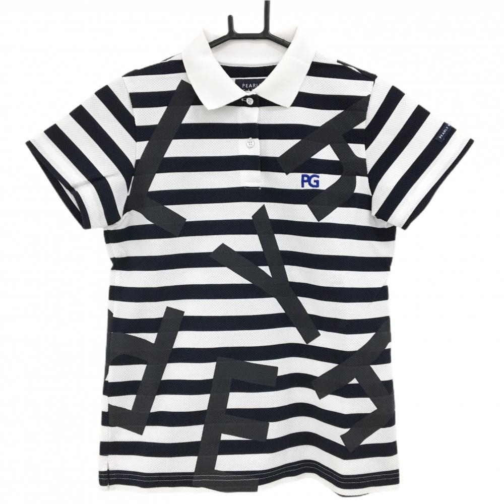 【超美品】パーリーゲイツ 半袖ポロシャツ 白×黒 ボーダー ロゴプリント レディース 1(M) ゴルフウェア PEARLY GATES