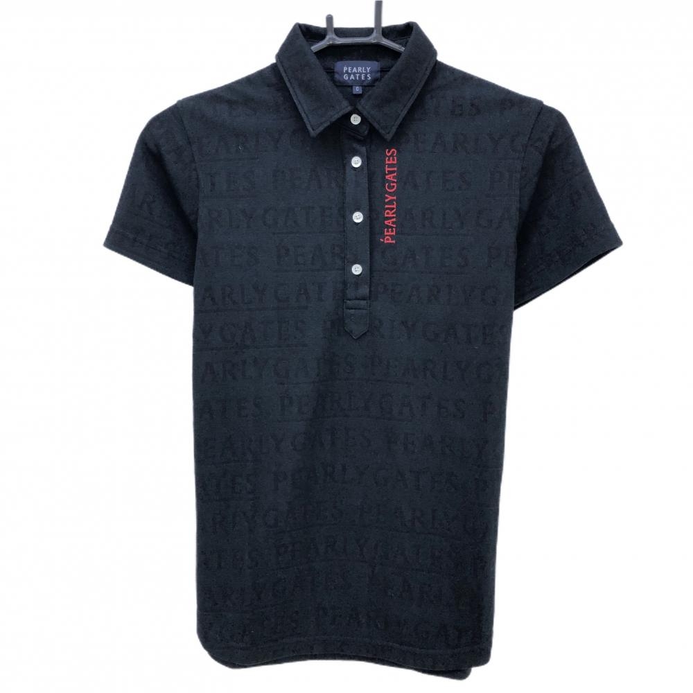 【超美品】パーリーゲイツ 半袖ポロシャツ 黒 ロゴ地模様 レディース 0(S) ゴルフウェア PEARLY GATES