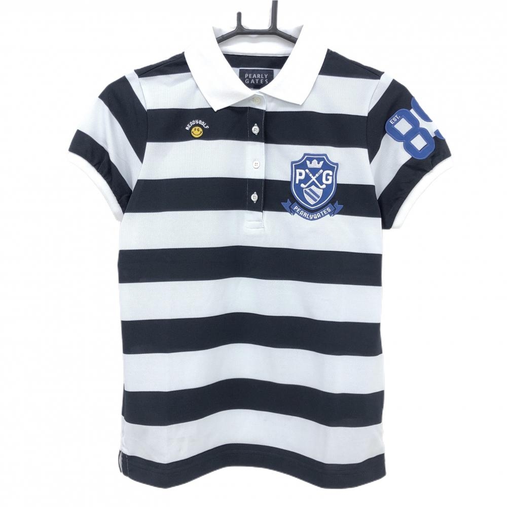 パーリーゲイツ 半袖ポロシャツ 白×ネイビー ボーダー  レディース 1(M) ゴルフウェア PEARLY GATES