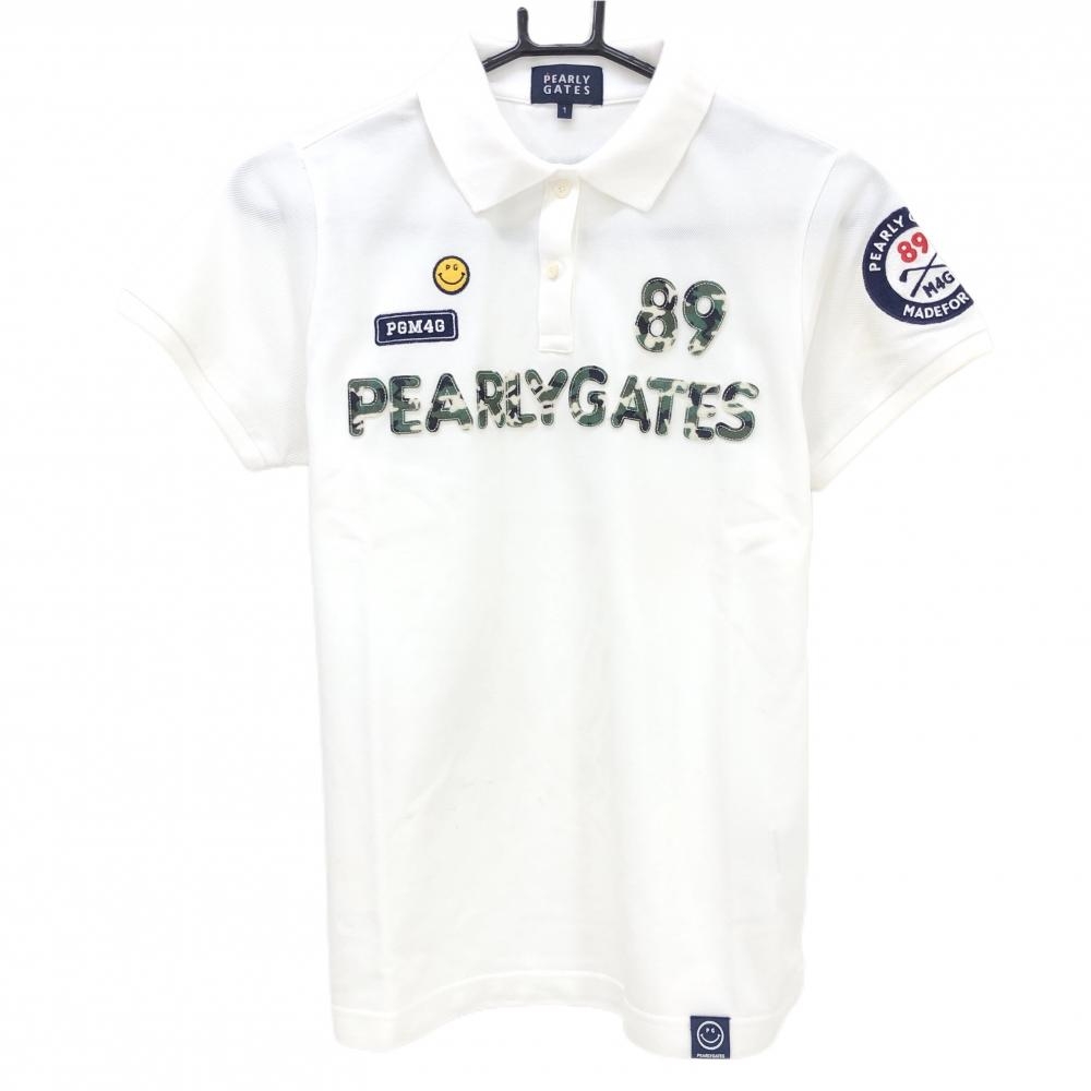 パーリーゲイツ 半袖ポロシャツ 白 フェルトロゴ ニコちゃん スマイル  レディース 1(M) ゴルフウェア PEARLY GATES