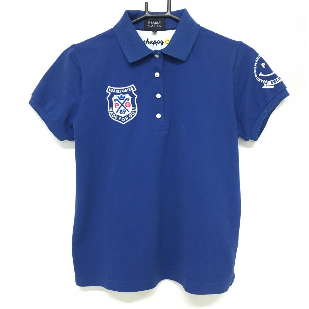パーリーゲイツ 半袖ポロシャツ ブルー×白×ピンク ニコちゃん スマイル レディース 1(M) ゴルフウェア PEARLY GATES