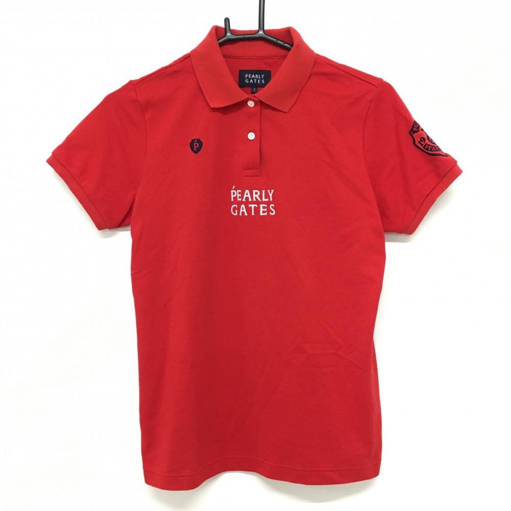 【美品】パーリーゲイツ 半袖ポロシャツ レッド フロントロゴ袖ワッペン  レディース 1(M) ゴルフウェア PEARLY GATES