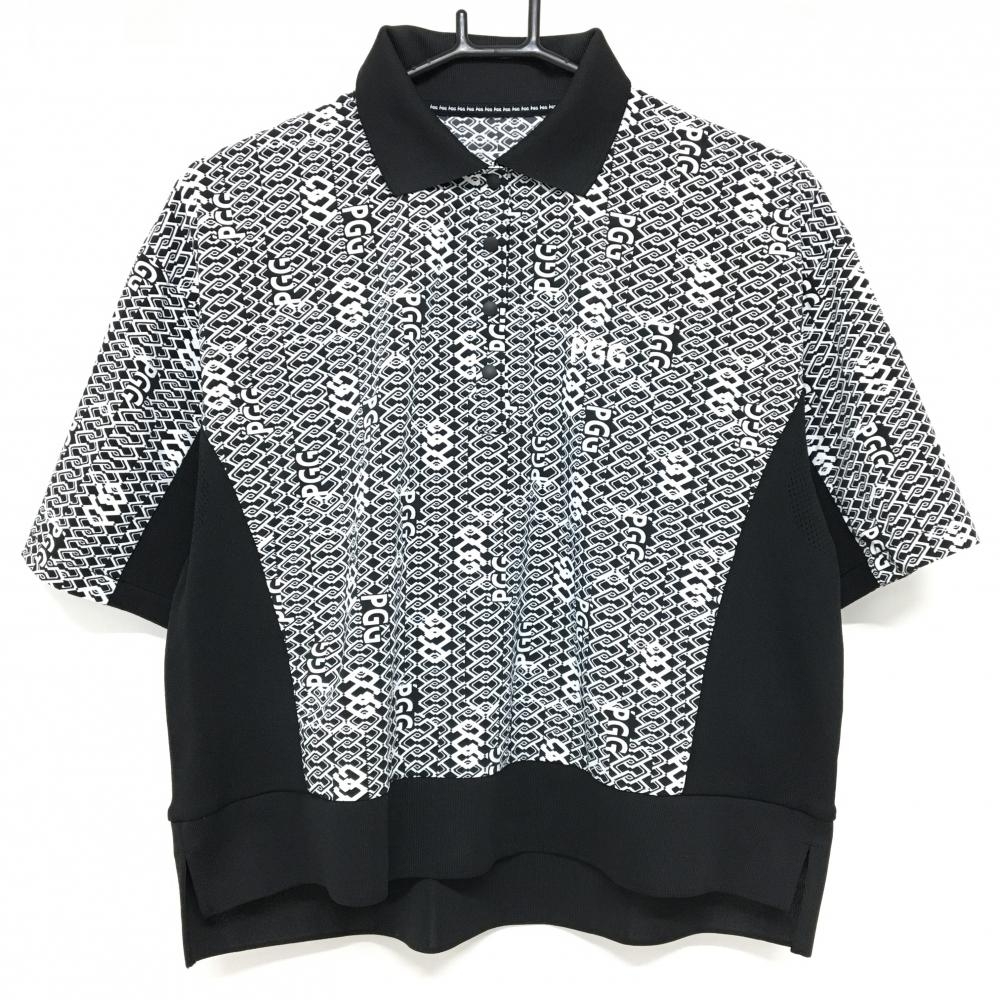 【超美品】PGGパーリーゲイツ 半袖ポロシャツ 黒×白 総柄 スナップボタン レディース 0(S) ゴルフウェア 2025年モデル PEARLY GATES