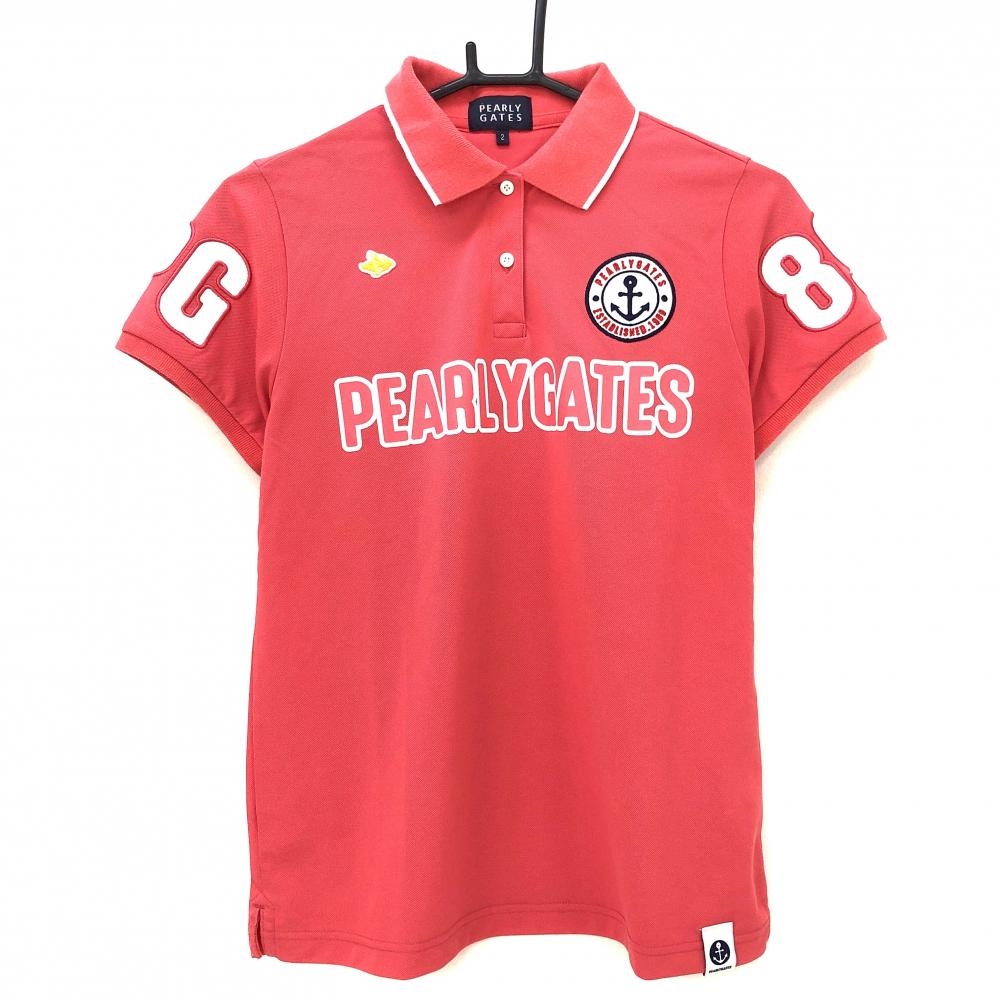パーリーゲイツ 半袖ポロシャツ ピンク×白 胸プリント レディース 2(L) ゴルフウェア PEARLY GATES