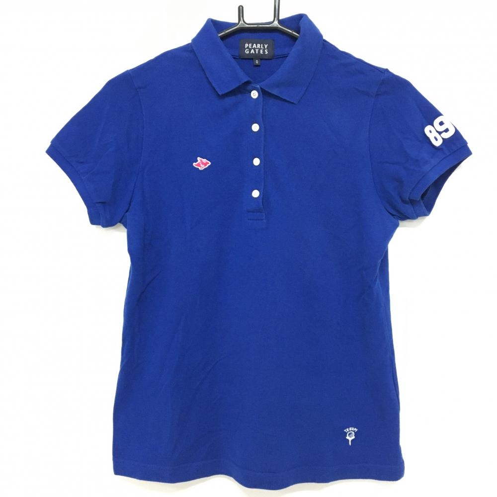 パーリーゲイツ 半袖ポロシャツ ブルー×白 袖フェルトロゴ  レディース 0(S) ゴルフウェア PEARLY GATES
