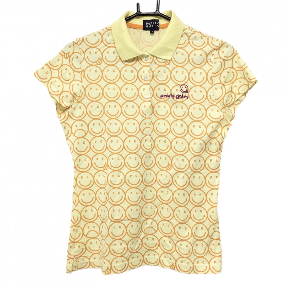 パーリーゲイツ 半袖ポロシャツ イエロー×オレンジ ニコちゃん総柄 スマイル レディース 2(L) ゴルフウェア PEARLY GATES