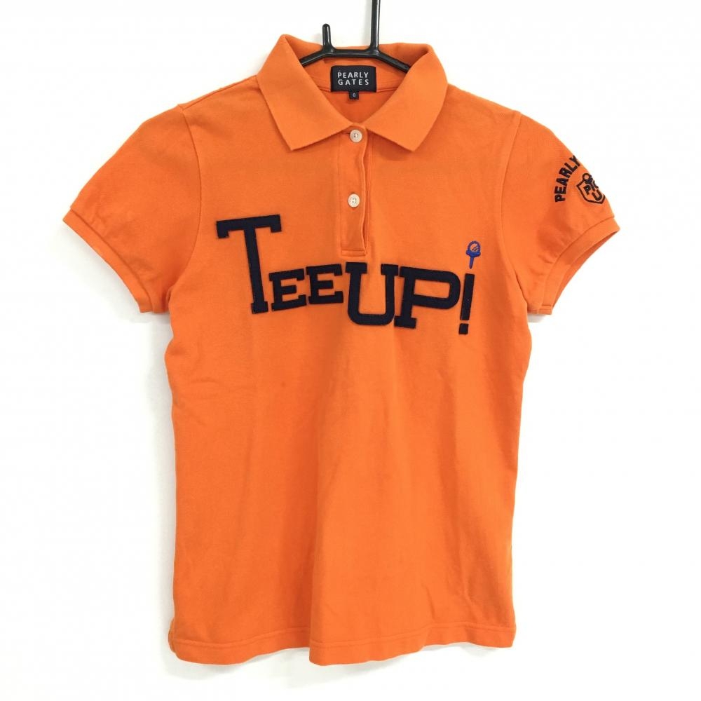 【美品】パーリーゲイツ 半袖ポロシャツ オレンジ×ネイビー コットン100％ フェルトワッペン レディース 0(S) ゴルフウェア PEARLY GATES