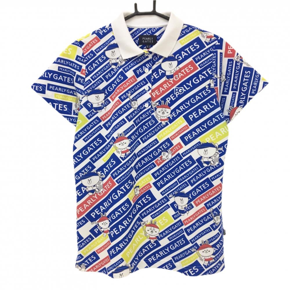 パーリーゲイツ×LINE FRIENDS 半袖ポロシャツ 白×ブルー 総柄 ロゴ  レディース 2(L) ゴルフウェア PEARLY GATES
