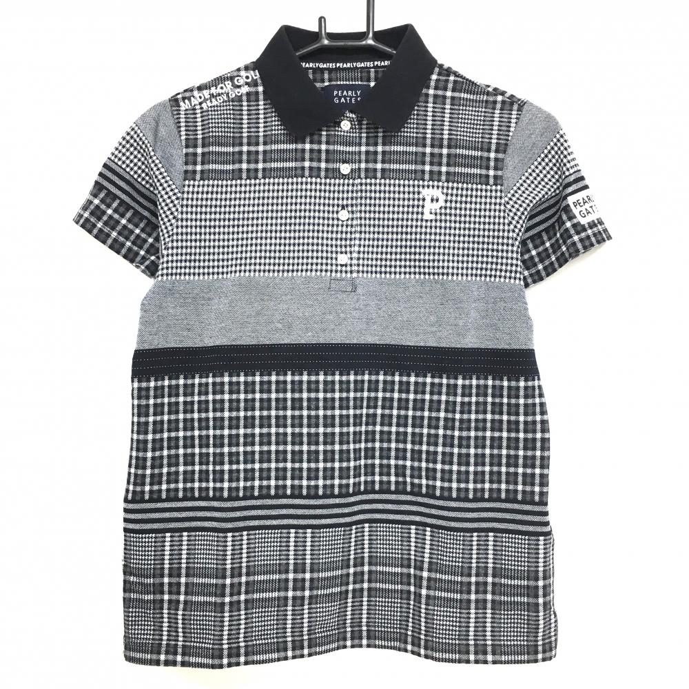 パーリーゲイツ 半袖ポロシャツ 黒×白 チェック切替総柄 ロゴ刺しゅう レディース 1(M) ゴルフウェア 2023年モデル PEARLY GATES