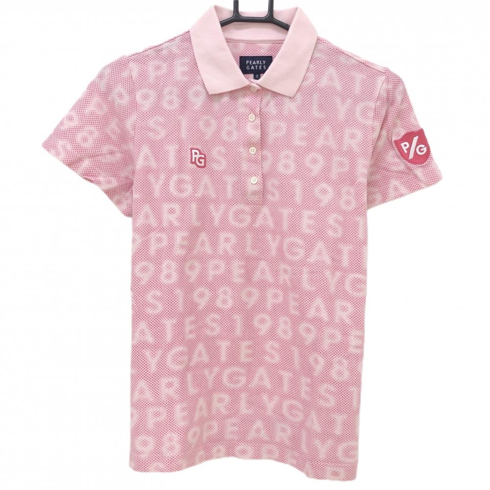 【美品】パーリーゲイツ 半袖ポロシャツ ピンク ロゴ総柄 ワッペン レディース 2(L) ゴルフウェア 2023年モデル PEARLY GATES