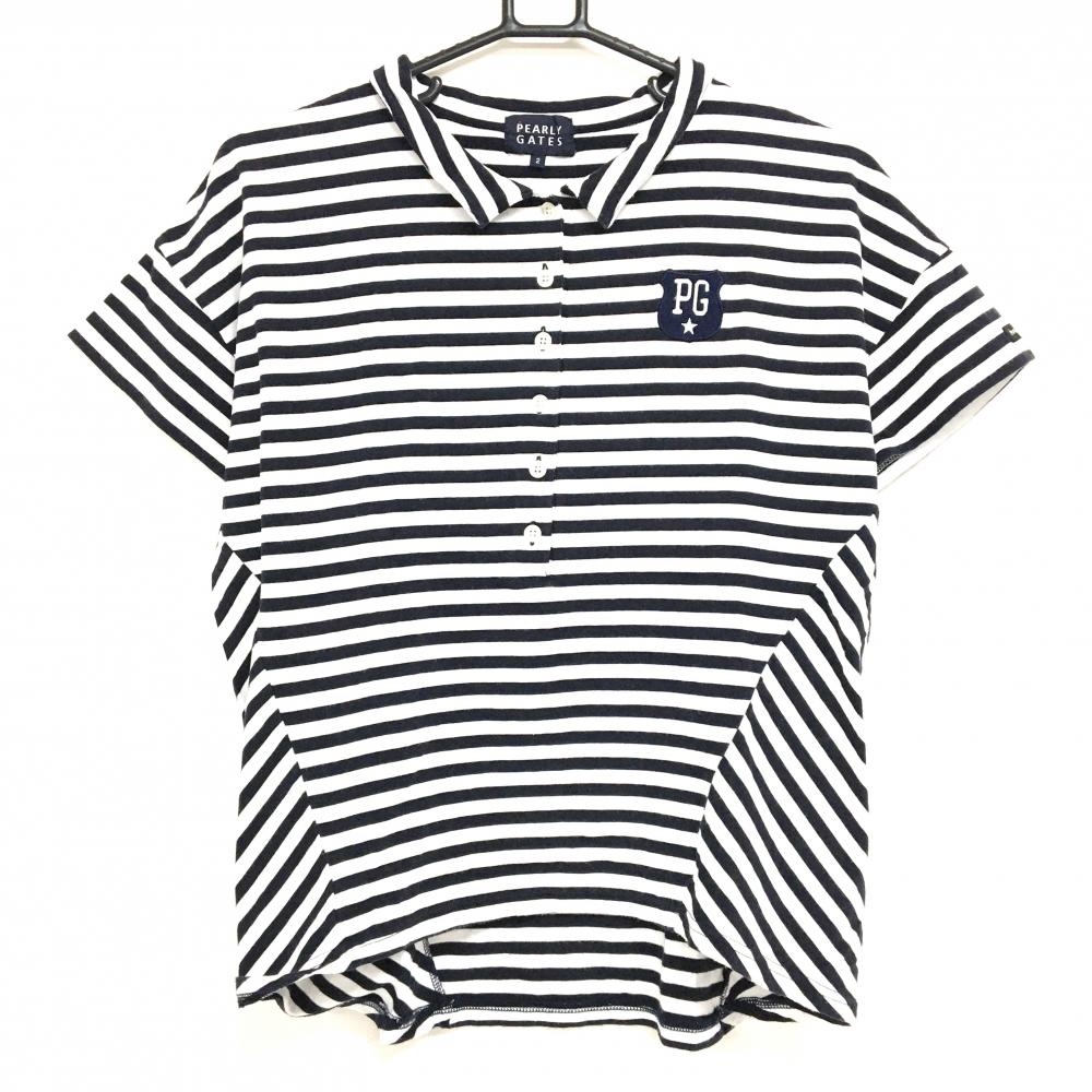 パーリーゲイツ 半袖ポロシャツ 白×ネイビー ボーダー  レディース 2(L) ゴルフウェア PEARLY GATES