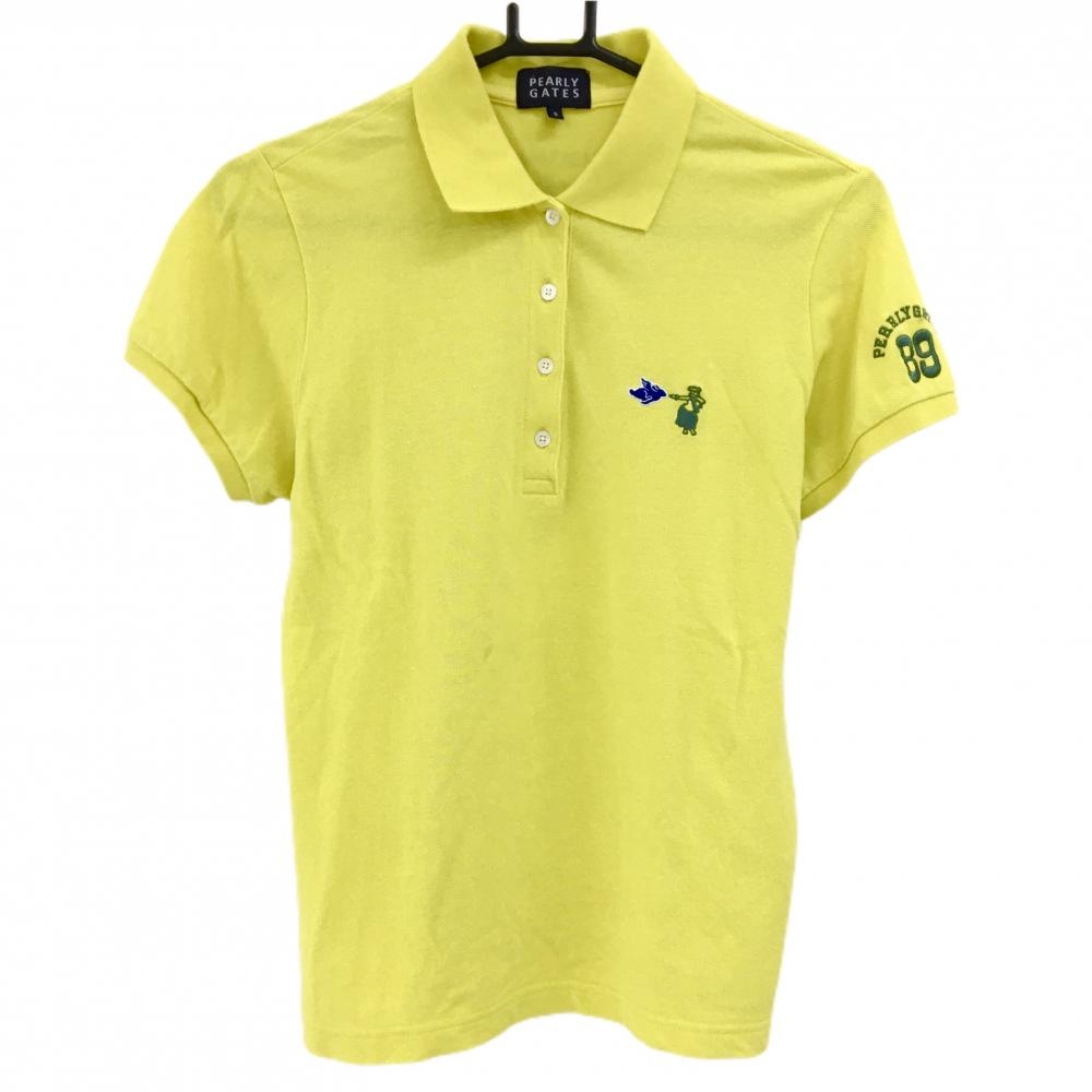 【美品】パーリーゲイツ 半袖ポロシャツ イエロー×グレー×ネイビー 胸ロゴ刺しゅう  レディース 2(L) ゴルフウェア PEARLY GATES