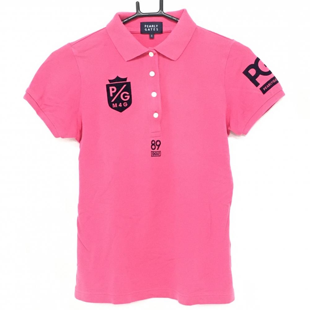パーリーゲイツ 半袖ポロシャツ ピンク×ダークネイビー フロッキープリント レディース 0(S) ゴルフウェア PEARLY GATES