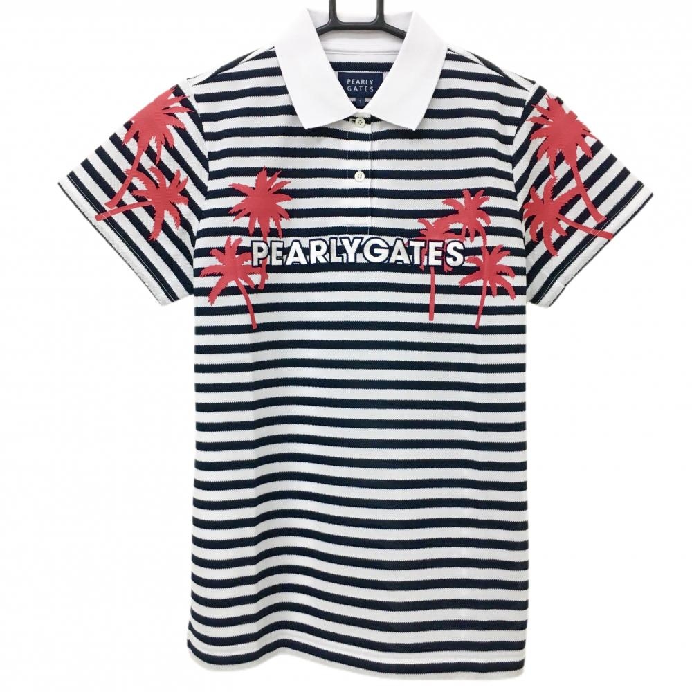 【新品】パーリーゲイツ 半袖ポロシャツ 白×ネイビー ボーダー ヤシの木プリント レディース 1(M) ゴルフウェア PEARLY GATES